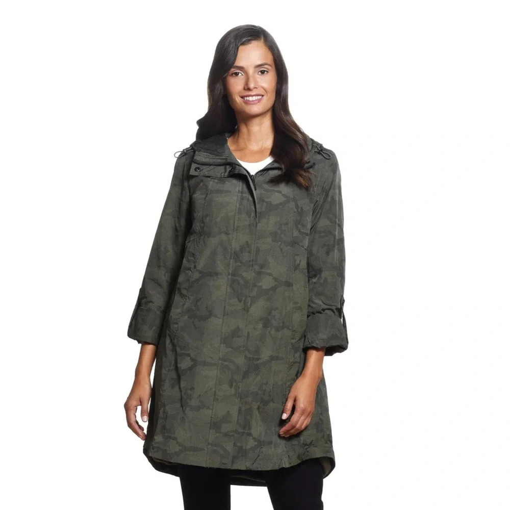 Ellen Tracy Camo Print Crinkle Raincoat w/Faux Fur